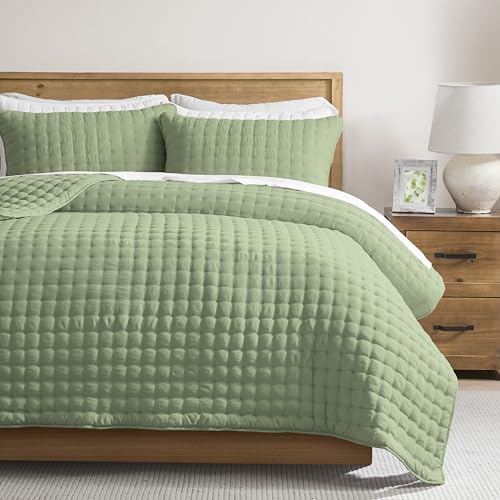 WDCOZY Sage Green Cloud Quilt Set King Size, Lightweight Soft Cross Stitch Bedspread, Farmhouse Rustic Country Coverlet, Spring Summer Thin Comforter, 3 Pieces, 2 Pillow Shams, 104x90 inches by WDCOZY