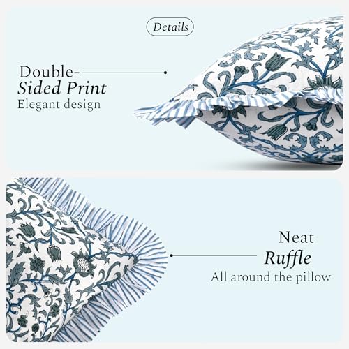 CPC Ocean Vine Hand Block Print 100% Cotton Ruffle Throw Pillow Cover 20x20 inch with Hidden Zipper Decorative for Couch, Bed, Sofa, Farmhouse, Cottagecore Decor Gift Christmas Fall Thanksgiving - Image 2