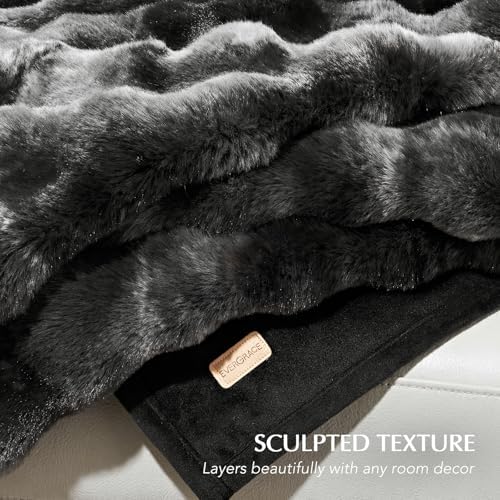 EverGrace Faux Rabbit Fur Bubble Throw Blanket, 60"x80", Marble Black - Image 5