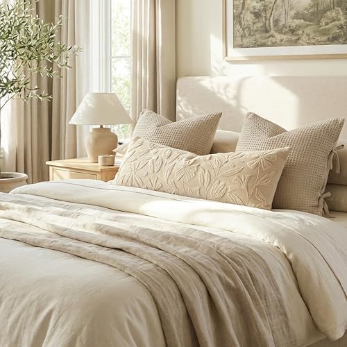 BlissBlush 14x36 Lumbar Pillow Cover for Bed, Rectangular Decorative Long Throw Pillowcase, Embroidered Farmhouse Accent Cushion, Beige Neutral Floral Tufted (Cover Only) - Image 3