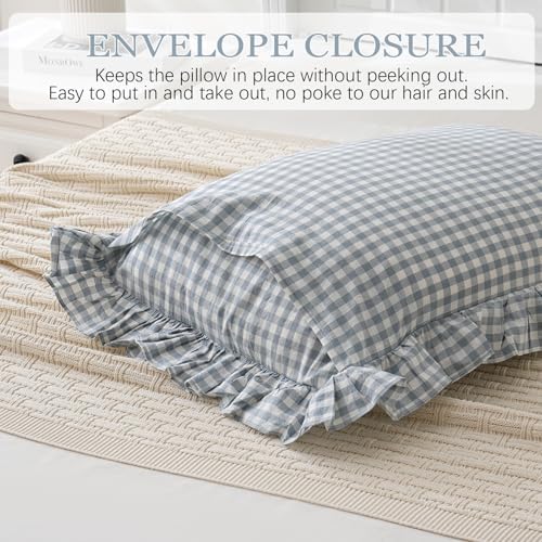 2 Pack Blue White Plaid Gingham Ruffle Pillow Shams Standard Size 20"x26" - Image 4