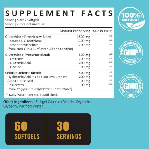 Zeylamum 2400 MG Liposomal Glutathione Softgels, Max Absorption, Active Form L-Glutathione Reduced (GSH), with Hyaluronic Acid, Resveratrol, Master Antioxidants , Brain, Immune System, 600 Softgels - Image 2