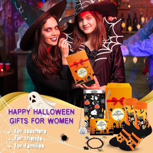 Halloween Gifts for Girls Women Adults, 6 Pieces Halloween Pumpkin Spooky Basket Gift with 20 Oz Tumbler, Socks, Bracelet, Keychain, Greeting Cards, Cute Pumpkin Gift for Her, Sister, Friends, Girls - Image 7