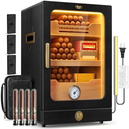 Tesonway Cigar Humidor, Desktop Cigar Humidor Cabinet Light Control System with Spanish Cedar Wood Shelves, Hygrometer, 3 Humidifiers and Cigar Accessories Drawer, Father's Day Gift for Men (Black) by Tesonway