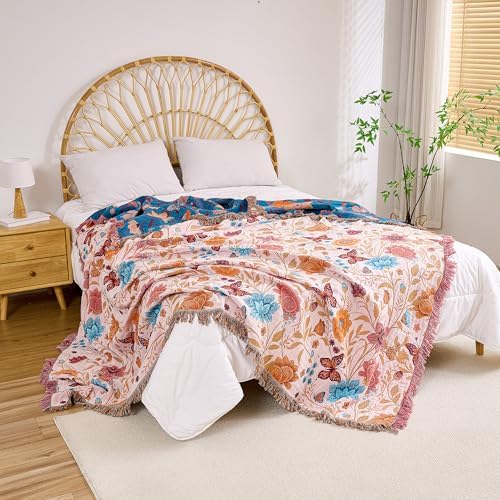 VANJOROY Boho Throw Blanket, 100% Organic Cotton Breathable Ultra Soft 91" x 98" Bed Quilt Throw - All Season Floral Rustic Farmhouse Decor Luxury Reversible Blanket for Sofa Couch Chair and Gift - Image 7