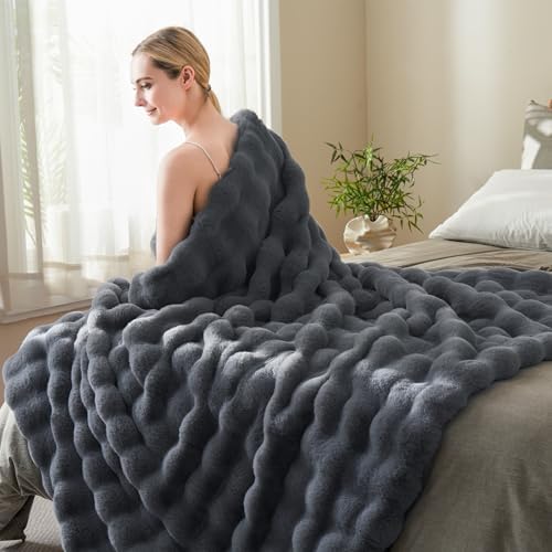 BENVWE Faux Fur Throw Blanket for Couch - Thickened Fluffy Soft Bubble Blanket for Living Room Home Decor - Fathers Day Birthday Gifts for Women Men, Grey, 50" x 60", 1300GSM - Image 4