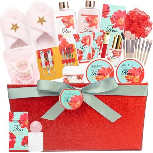 35Pcs Spa Kit Gift for Women, Sandalwood Red Rose Bath and Body Basket Gift by SaintRoy