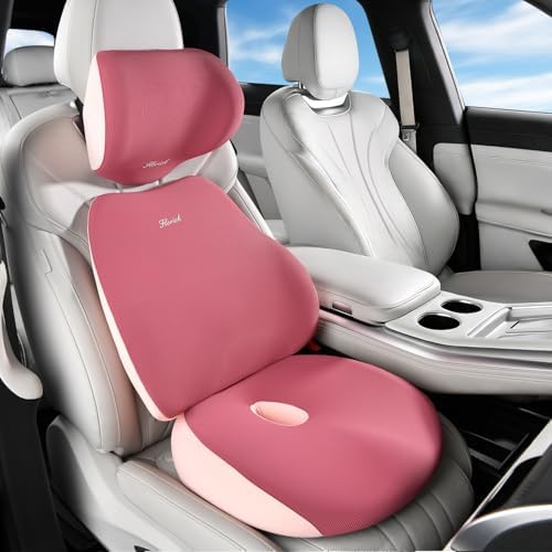 FLORICH Car Seat Cushion & Lumbar Support Pillow & Car Neck Pillow, Ergonomic Memory Foam Driving Seat Cushions for Back & Sciatica Pain Relief, Non-Slip Cushion for Car, Office Chair,Wheelchair-Pink by FLORICH