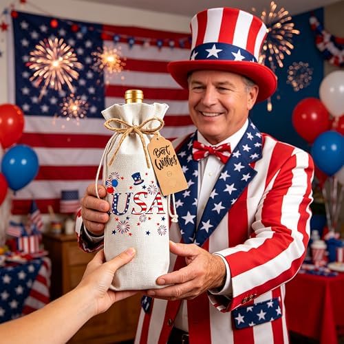 1Pcs USA Wine Gifts Bag 4th of July Independence Day Wine Bag, Celebrate New Chapter with 1Pcs Kraft Blessing Cards and natural jute rope - Image 6