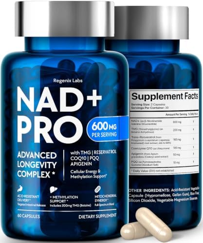 NAD Supplement 600mg for Men and Women with Resveratrol, CoQ10, PQQ, TMG and Apigenin - 6-in-1 Cellular Energy and Longevity Complex - Acid-Resistant Capsules, 60 Count by REGENIXLABS%7CBio-Tech