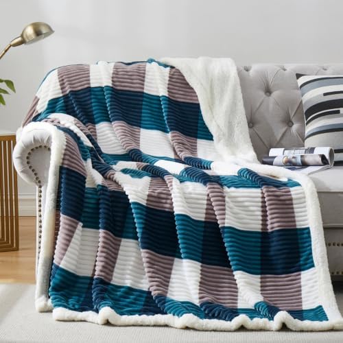 PU MEI Sherpa Blanket Twin Plaid Thick Bed Blanket, 60”*80” Super Soft Flannel Fuzzy Fleece Reversible Velvet Plush Warm Blanket for Couch (Teal Check, 60"*80") by HOME