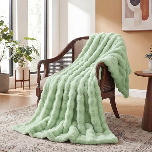 ORINOVA Sage Green Throw Blanket for Couch, 50x60 Ultra Soft Faux Rabbit Fur, Fuzzy Fluffy Plush Bubble Texture, Cozy Warm Reversible Sofa and Bed Cover, Living Room Decor, Gifts for Women - Image 3