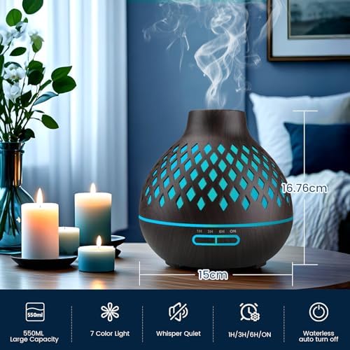 Aeshory Aromatherapy Diffuser & 12 Essential Oils Set, 550ML Aromatherapy Diffuser for Home, Ultrasonic Cool Mist Humidifier with Remote Control 4 Timer 7 Color LED Light, Waterless Auto Off, Dark - Image 2