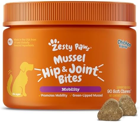 Zesty Paws Mussel Mobility Bites for Dogs - New Zealand Green Lipped Mussel with Natural Glucosamine & Chondroitin + Omega-3 Fatty Acids - Hip & Joint Support Supplement Soft Chews – 90 Count by ZestyPaws