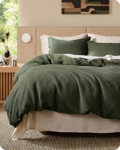 Bedsure PureWoven 3 Pieces Cotton Waffle Weave Duvet Cover, Olive Green by Unknown