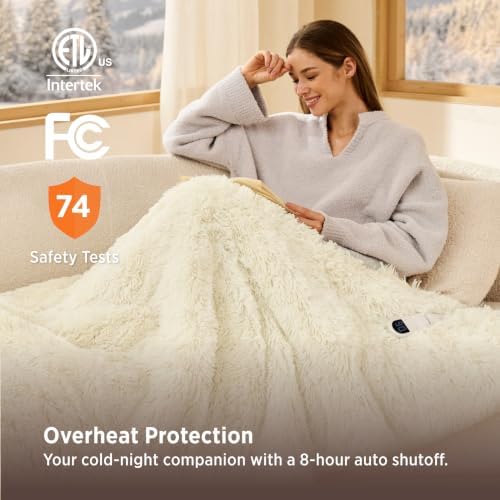 Bedsure Faux Fur Heated Blanket Throw Blanket, Fast Heating Fluffy Electric Blanket, Heated Throw with 4 Time Settings & 6 Heating Settings, Cozy Gifts for Women Men(50x60 inches, Cream) - Image 5
