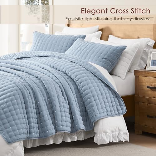 WDCOZY King Size Quilt Bedding Sets with 2 Pillow Shams, Lightweight Soft Bedspread Coverlet, Quilted Blanket Thin Comforter Bed Cover for All Season, 3 Pieces, 104x90 inches, Blue - Image 3
