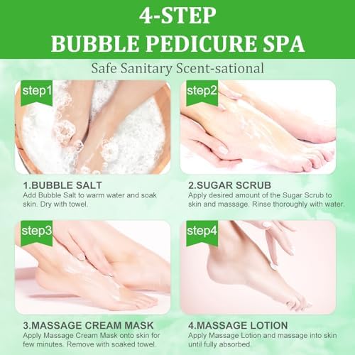 Pedicure Kit Foot Soak Set: Bubble Salt, Sugar Scrub, Massage Mask, Massage Lotion in a Box, 4 Step Foot Spa Kit for Dry Feet, Calluses and Tired Feet(1 Set Peppermint) - Image 6