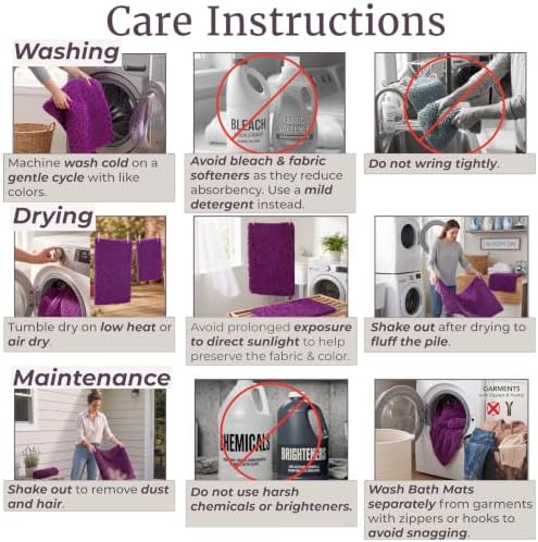 Home Bedford 2 Piece Memory Foam Shag Bath Mat Set - Absorbs Moisture, Dries Quickly, Non Slip Bathroom Rug, Water Absorbent Carpet, Machine Washable - Purple - Image 6