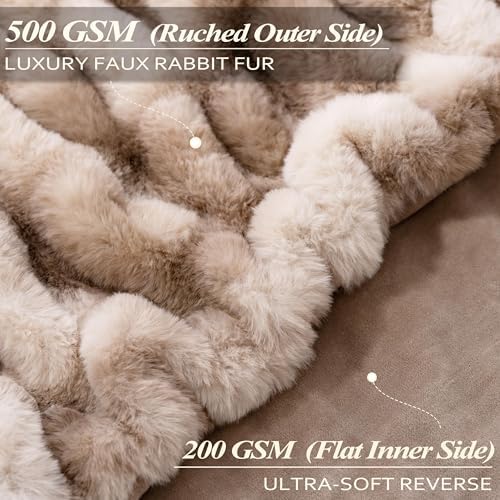 Touchat Ruched Rabbit Faux Fur Blanket Twin, Fluffy Soft Cozy,Tie-dye Brown - Image 2