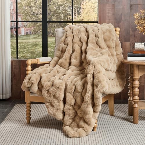 Lotus Karen King Size Faux Fur Blanket Khaki - Big Bubble Rabbit Fluff Blanket for Bed, Large Fluffy Fuzzy Cozy Blanket, Thick Furry Plush Shaggy Blankets, 108x90 Inches by LotusKaren
