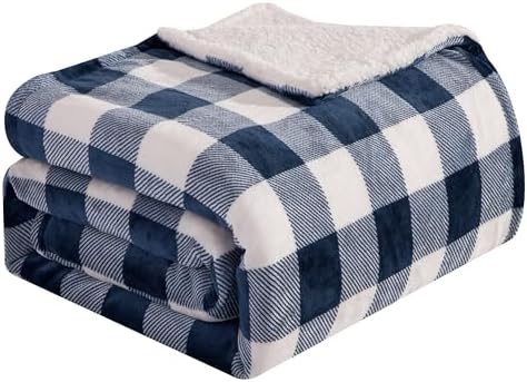 Elegant Comfort Ultra Soft Reversible Buffalo Plaid Flannel Sherpa Blanket - Cozy Silky Checkered Fleece Throw for Couch, Bed - Plush Fuzzy Warm Winter Blanket for Gift, King, Navy by ELEGANTCOMFORT