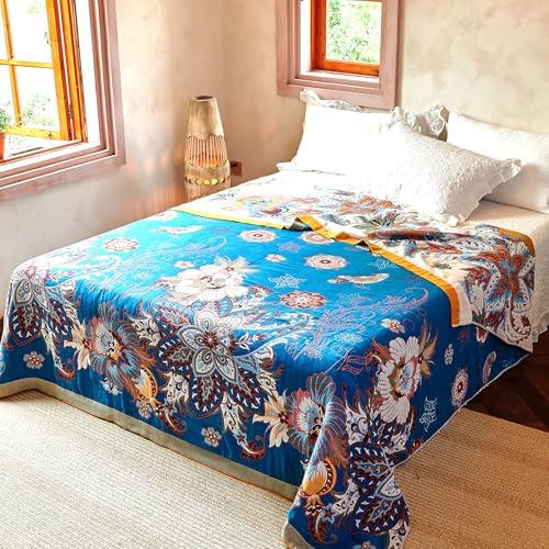 VANJOROY Boho Throw Blanket, 100% Organic Cotton Breathable Skin-Friendly Ultra Soft Bed Quilt Throw - All Season Floral Bird Farmhouse Décor Luxury Blanket for Sofa Couch Chair and Gift. 91" x 98" - Image 6