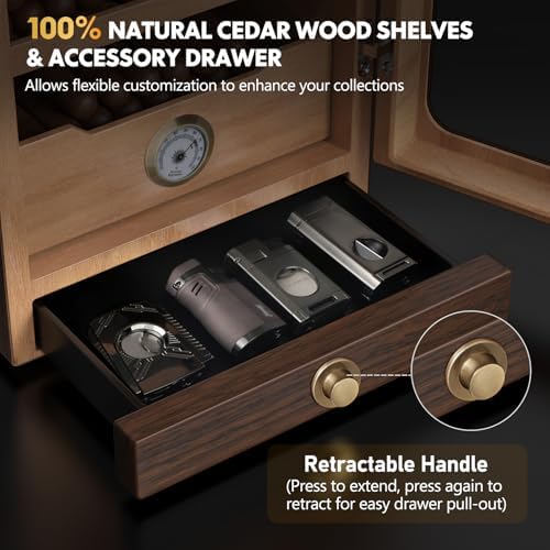 Cigar Humidor, Desktop Cigar Humidor Cabinet Light Control System with Spanish Cedar Wood Shelves, Hygrometer, 3 Humidifiers and Cigar Accessories Drawer, Father's Day Gift for Men (Walnut) - Image 5