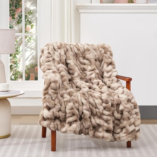 Touchat Ruched Rabbit Faux Fur Throw Blanket, Fluffy Soft,Tie-dye Brown - Image 7