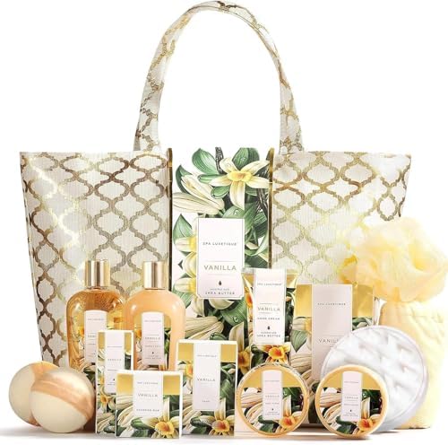 Gifts for Women, Spa Luxetique Gift Baskets for Women,15 Pcs Vanilla Spa Gifts for Womens, Women's Gifts with Bubble Bath, Bath Salt, Bath Bombs, Birthday Gift Christmas Spa Baskets by spaluxetique