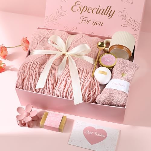 Get Well Soon Gifts Baskets for Women Self Care Gifts,Birthday Gifts for Women Spa Care Package, Set for Mom Wife Girlfriend Sister Best Friend (Pink) by ENJOLLY