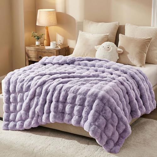 DREAMNINE Soft Faux Bubble Rabbit Fur Blanket Queen Size, Thick Cozy Decorative Warm Fuzzy Fur Blanket for Bed Couch Sofa Chair Bedroom Living Room Dorm Gift, 80 * 90 Inches, Lilac Purple by DREAMNINE