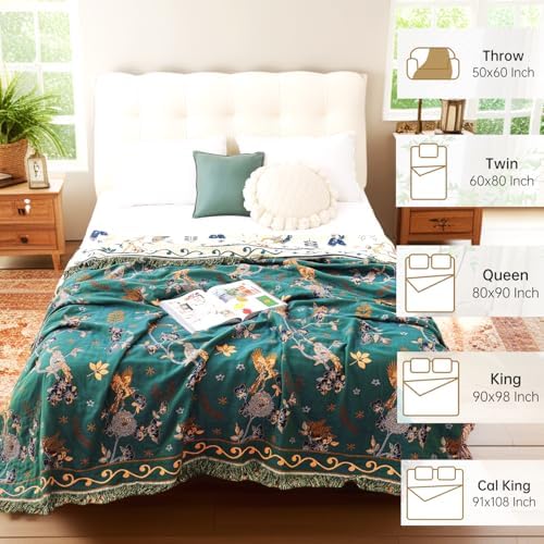 VANJOROY Boho 100% Cotton Large Throw Blanket - All Season Rustic Ultra Soft Breathable Floral Bird Blanket for Bed Sofa Couch Chair Bedspread Quilt Gift, 80" x 90"-Teal/Beige - Image 4