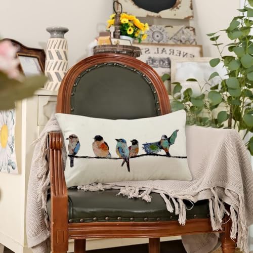 RABUSOFA 12x20 Lumbar Pillow Decorative Throw Pillows,Small Hand-Painted Outdoor Birds Pillowcases,Spring Summer Pillows Decorative Throw Cushion Covers Linen for Couch Sofa Teal Blue - Image 2