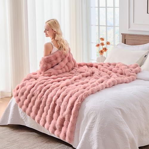 BENVWE Faux Fur Throw Blanket for Couch Bed - Fluffy Soft Thick Bubble Blanket for Living Room Home Decor - Mothers Day Birthday Gifts for Women, Dusty Pink, 63" x 80" - Image 4