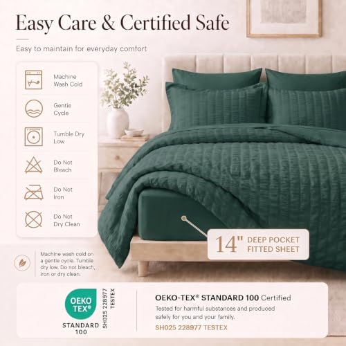 CozyLux Full Comforter Sets, 7 Pieces Forest Green Seersucker Bed in a Bag - Image 5