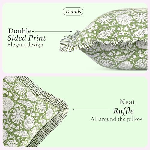 CPC Olive Bloom Hand Block Print 100% Cotton Ruffle Throw Pillow Cover 20x20 inch with Hidden Zipper Decorative for Couch, Bed, Sofa, Farmhouse, Cottagecore Decor Gift Christmas Fall Thanksgiving - Image 2