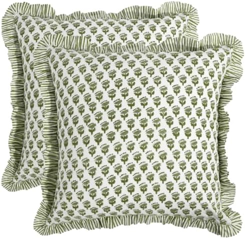 CPC Block Print Ruffle Throw Cover Emerald Green 18"x18" Inch Pack of 2-100% Cotton Ruffle Couch Decorative Boho Pillows Case for Living Room, Bedroom, Sofa, Farmhouse Gift for Spring, Mother's Day by COTTONPRINTCLUB