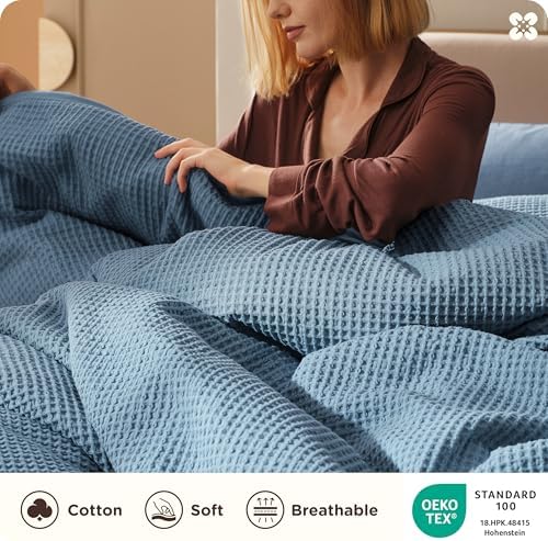 Bedsure PureWoven 3 Pieces 100% Cotton Waffle Weave Duvet Cover Set, King - Image 3