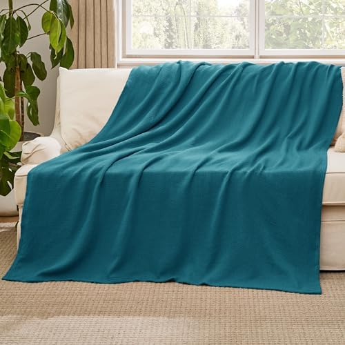Bedsure 100% Cotton Blanket, Herringbone Weave, Throw XL, Teal - Image 5
