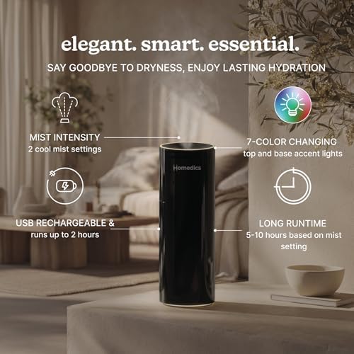 Homedics Portable Humidifier Small Ultrasonic Cool Mist (Gloss Black) - Image 3