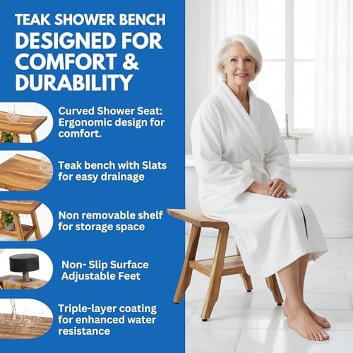 EcoDecors Satori 18-Inch Compact Teak Shower Bench with Shelf - Image 2