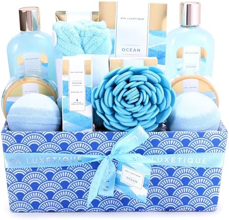 Spa Gift Basket for Women, Spa Luxetique Bath Gift Set - 12 Pcs Ocean Scented Home Bath Kit, Includes Bath Bombs, Body Scrub, Bubble Bath, Body Lotion & More, Spa Set for Women Gift by spaluxetique