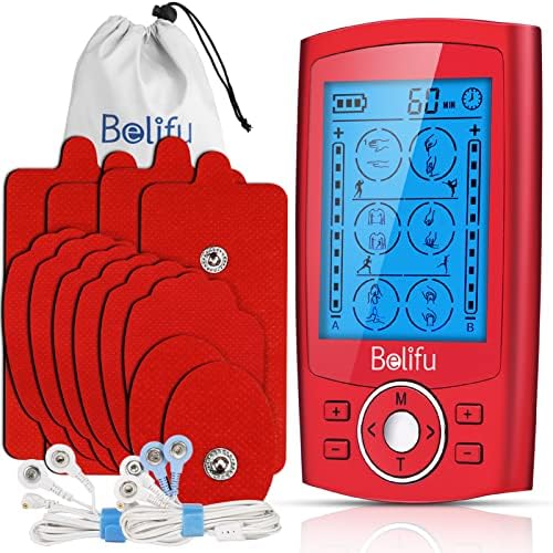 Belifu Dual Channel TENS EMS Unit with 12 Pads, 24 Modes Muscle Stimulator, Electronic Pulse Massager Muscle Massager for Pain Relief Therapy, Fastening Cable Ties, Dust-Proof Drawstring Storage Bag by Belifu