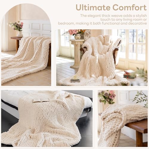 Chunky Knit Throw Blanket for Couch，80X90 Inches Cream - Image 4