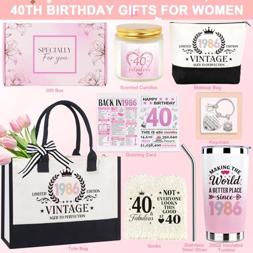 40th Birthday Gifts for Women, Vintage 1986 Birthdays Gift For Her, Cool 40 Year Old Birthday Gifts Set For Mom Wife Sister Friends Coworkers, Unique Gift Ideas With Tumbler Greeting Card Tote Bag - Image 2