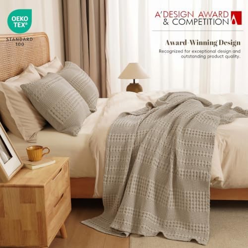 PHF Lightweight 100% Cotton Waffle Throw Blanket for Couch, Taupe - Image 5