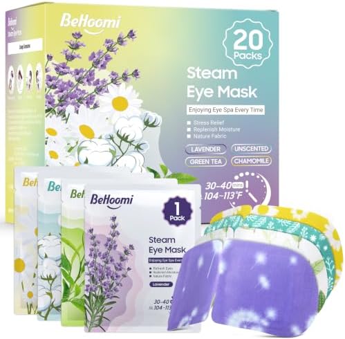 BeHoomi 20 Packs Steam Eye Mask, Heated Eye Mask Warm Compress for Eyes, Disposable Self Heating Steam Mask for Home, Sleep, Spa, Travel Essentials & Relaxation Gifts for Women (Variety) by BeHoomi