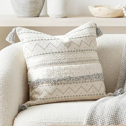 BlissBlush 20X20 Throw Pillow Cover, Cream Neutral Square Decorative Cushion Cover with Gray Pattern, Boho Accent Pillowcase with Tufted Details and Tassels for Couch Sofa Living Room (Cover Only) by BlissBlush