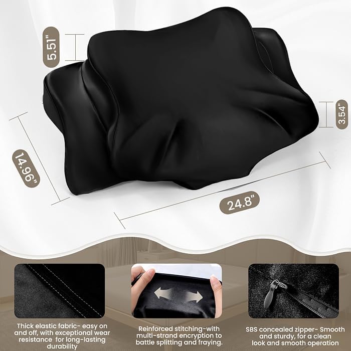 Set of 2 Thickened Satin Pillowcase, Elastic 16 * 24In Pillow Cover for Cervical Pillow or Memory Foam Pillows, Smooth & Soft Hair and Skin Friendly, Queen Size with Zipper Black - Image 2